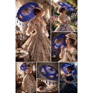 Vintage Blue Hand Painted Asian Parasol Wood Handle 25" Umbrella